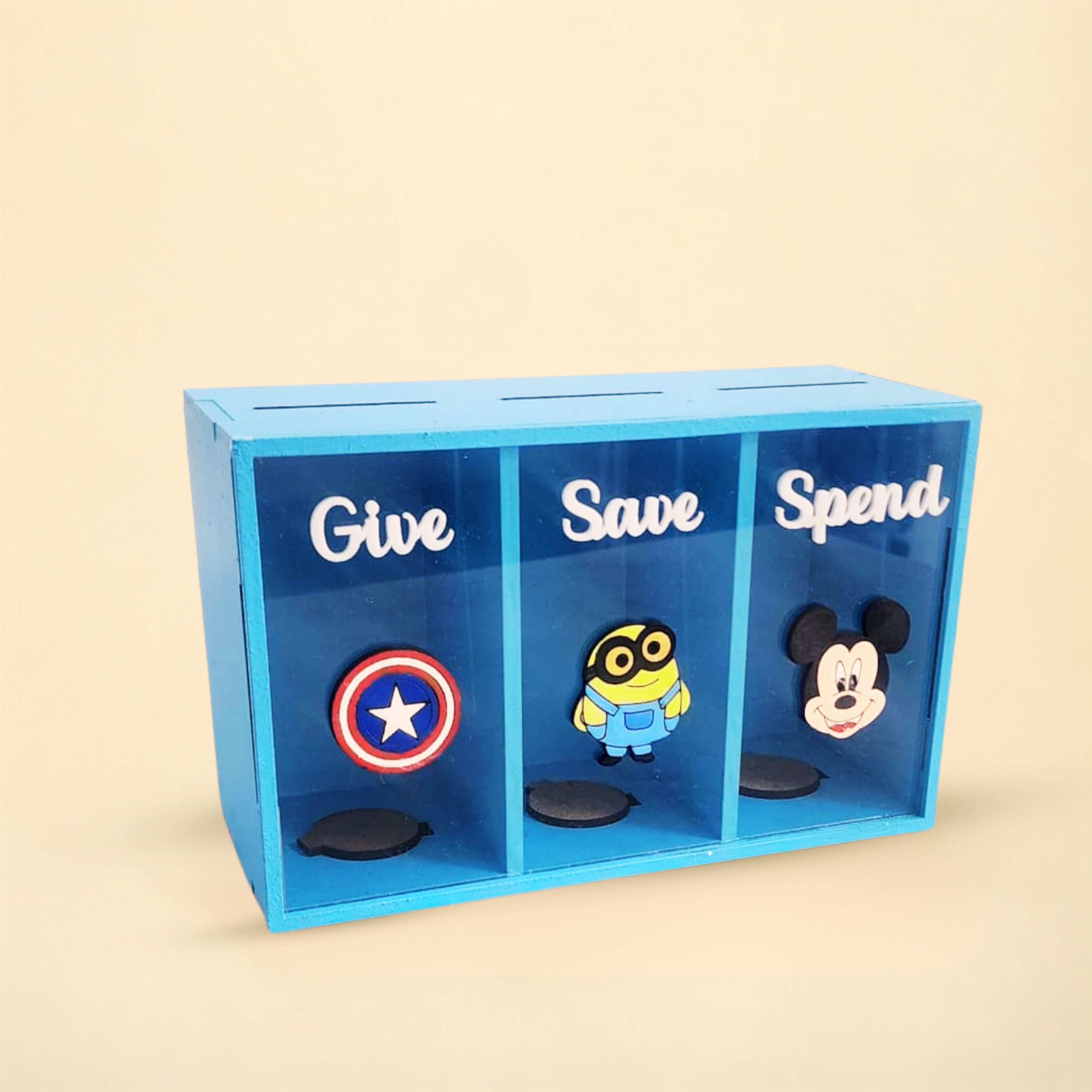 Handmade Wooden Give • Save • Spend Piggy Bank